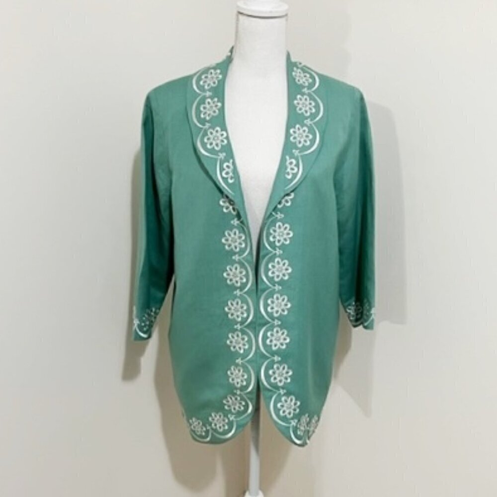 Bob Mackie Linen Blend Green Embroidered Jacket Wearable Art Size M - Picture 1 of 6